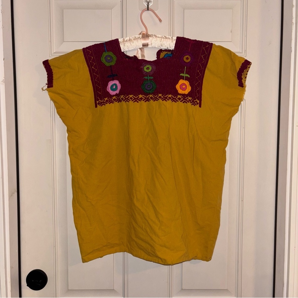 Vintage Mexican Embroidered Yellow Mustard Floral Huipil Peasant Burgundy Yoke